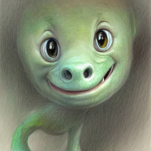 Prompt: happy and cute face of baby mamenchisaurus, face only, big smile, pencil drawing, pastel, smooth, by marc simonetti