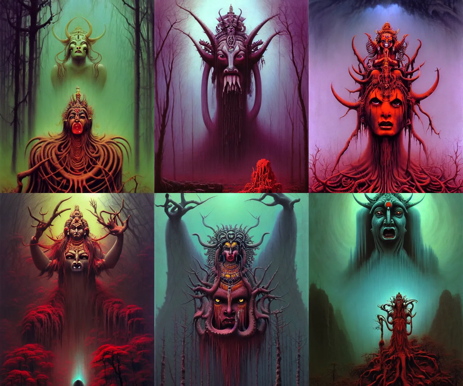 Prompt: A crying closeup portrait of the majestic colossal Hindu demon goddess of sorrow, grief and despair, standing in the forest of misery, by Paul Lehr, by Wayne Barlowe, by Bruce Pennington, by Zdzisław Beksiński, oil on canvas, masterpiece, trending on artstation, featured on pixiv, cinematic composition, astrophotography, dramatic pose, beautiful lighting, sharp, details, details, details, hyper-detailed, no frames, 8K