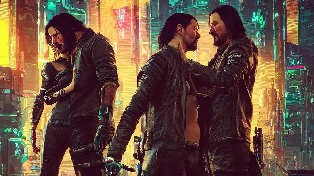 Image similar to a cyberpunk 2077 srcreenshot couple portrait of Keanu Reeves and V final kiss,love,film lighting,by Laurie Greasley,Lawrence Alma-Tadema,Andrei Riabovitchev,Dan Mumford,John Wick,Speed,Replicas,artstation,deviantart,FAN ART,full of color,Digital painting,face enhance,highly detailed,8K,octane,golden ratio,cinematic lighting