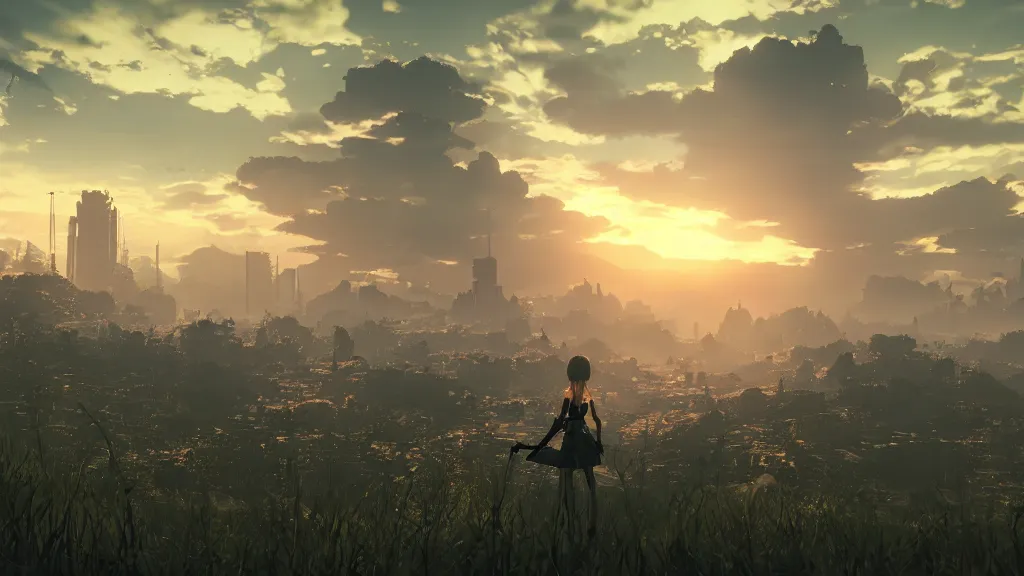 Image similar to beautiful Nier Automata landscape, sunset