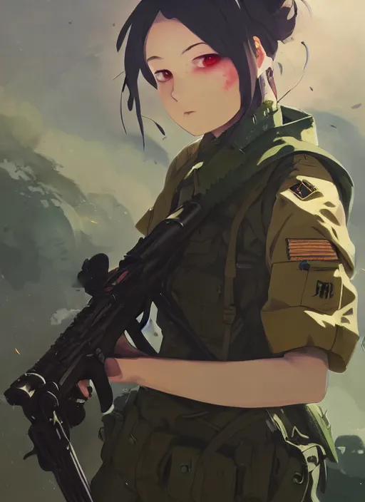Prompt: portrait of soldier girl killing her enemy, black sky background lush landscape illustration concept art anime key visual trending pixiv fanbox by wlop and greg rutkowski and makoto shinkai and studio ghibli and kyoto animation soldier clothing military gear realistic anatomy mechanized