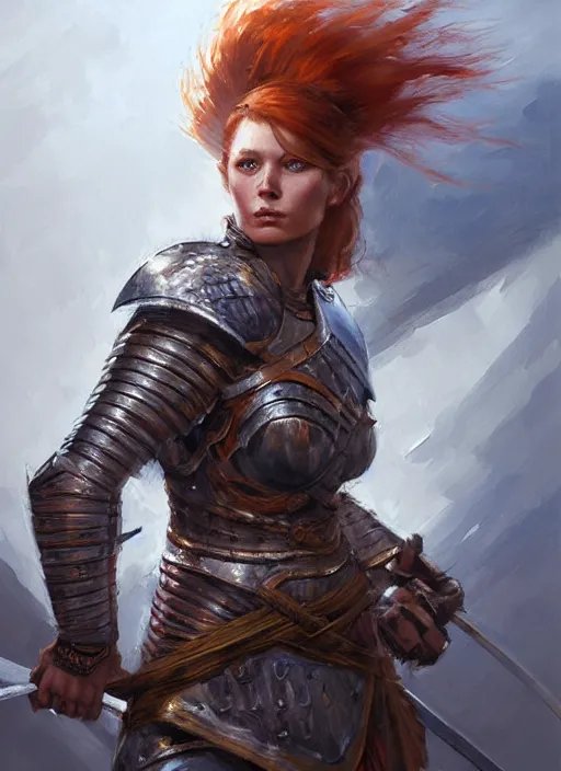 Image similar to highly detailed painting of a warrior woman commander, knight, icelandic, redhead, blue - eyes, high fantasy, dungeons and dragons art by jon foster trending on artstation painted by greg rutkowski, painted by stanley artgerm