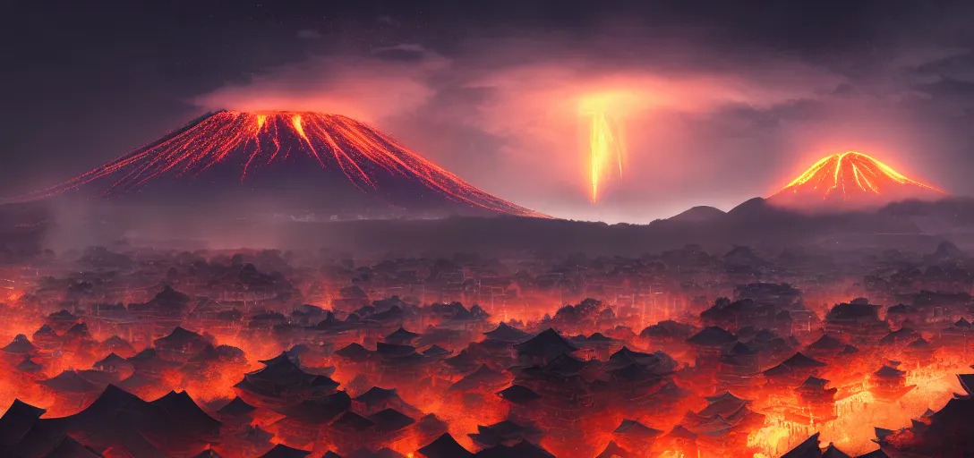 Image similar to view of an ancient japanese city at night, erupting volcanoes in the background, dramatic clouds, glowing fog, dramatic lighting, ultra detailed, sharp, ambient occlusion, raytracing, by greg rutowski, paul chadeisson and jessica rossier