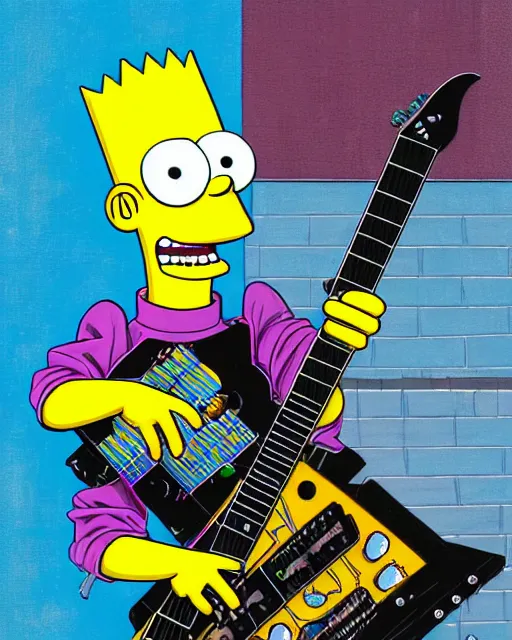 Image similar to a portrait of an anthropomorphic cyberpunk bart simpson shredding an electric guitar by sandra chevrier, by jon foster, detailed render, tape deck, epic composition, cybernetics, 4 k realistic, cryengine, realistic shaded lighting, sharp focus, masterpiece, by enki bilal