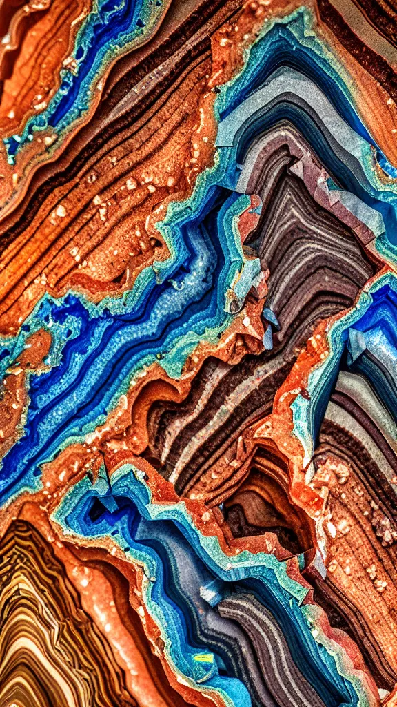 Image similar to macro photography, vivid color, folded, tessellated planes and shelves of rock, alien sedimentary crystal formations, quartzite, igneous rock, marbled veins, 3D!!! diorama!!!!!!, depth of field patina of inlaid circuitry, layers of strata, mineral grains, dramatic lighting, rock texture, sand by James jean, geology, octane render in the style of Luis García Mozos