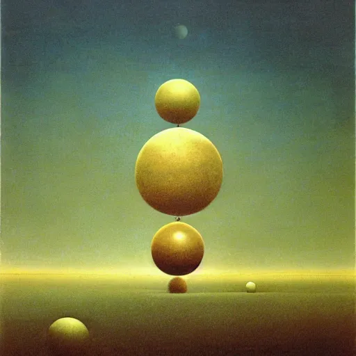 Prompt: multiple spheres floating above the horizon, spread out horizontally from left to right, zdzislaw beksinski