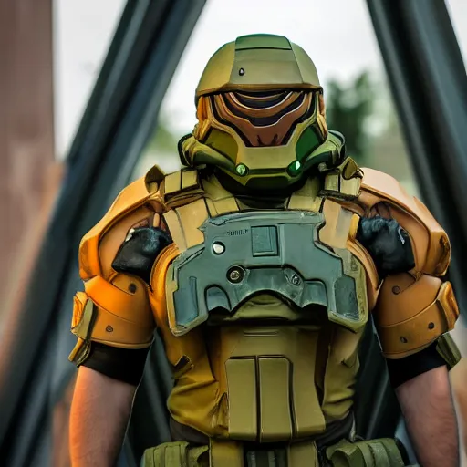 Image similar to doomguy from doom 2 cosplay, photography