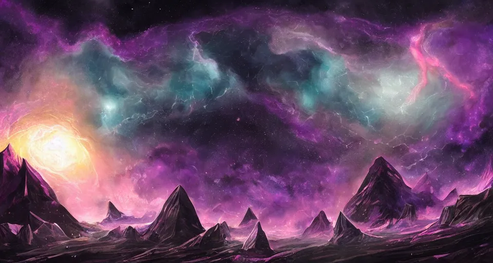 Prompt: black lovecraftian eldritch!! obsidian! pyramid!! surrounded by dark stormy sea, cosmic purple space!, bright stars, nebula, sky background by eugene von guerard, ivan shishkin, night, concept art, trending on artstation, 8 k