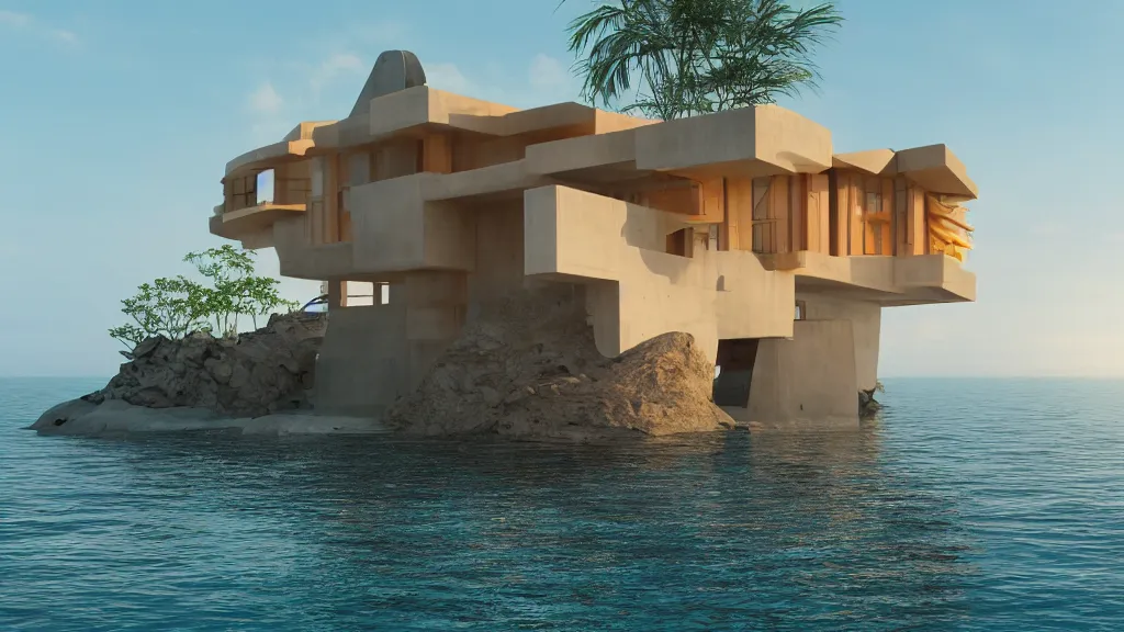 Image similar to modern concrete house built in the ocean, futuristic accents, golden hour, 4 k, built by frank lloyd wright, concept art