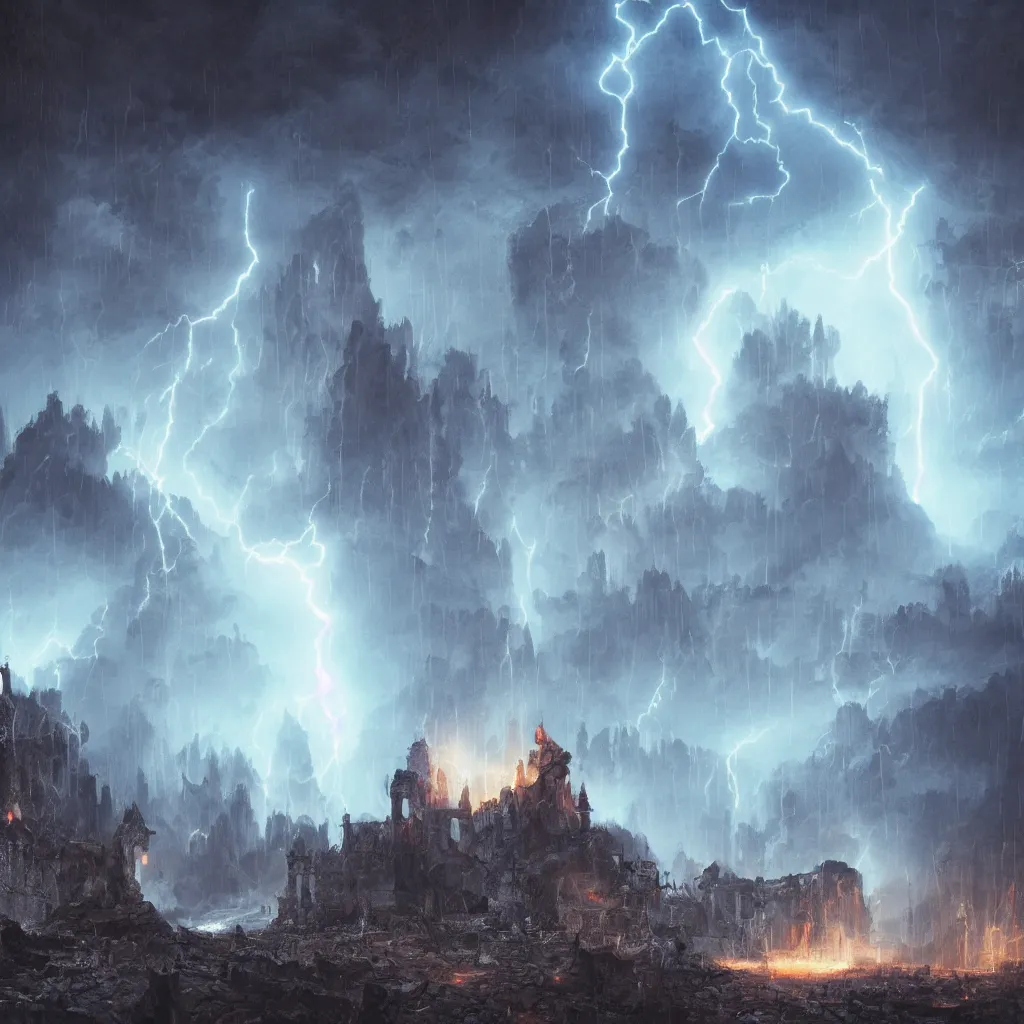 Image similar to a still of a cloaked figure standing in the ruins of crux prime, monastery, there is lightning, blue fiery maelstrom in the distance, it is raining, digital art, artstationhq