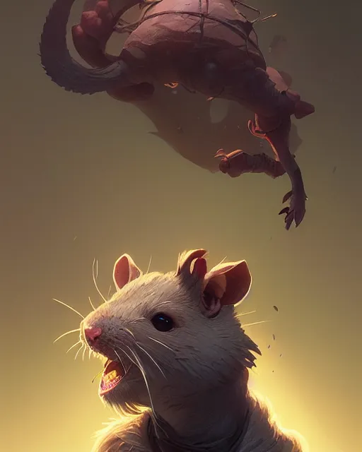 Image similar to highly detailed vfx portrait of a rat, unreal engine, greg rutkowski, loish, rhads, beeple, makoto shinkai and lois van baarle, ilya kuvshinov, rossdraws, tom bagshaw, alphonse mucha, global illumination, detailed and intricate environment