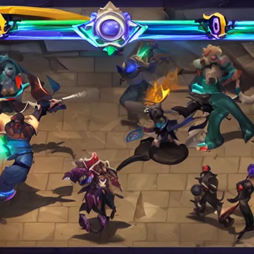 Image similar to people fighting in walmart, league of legends style