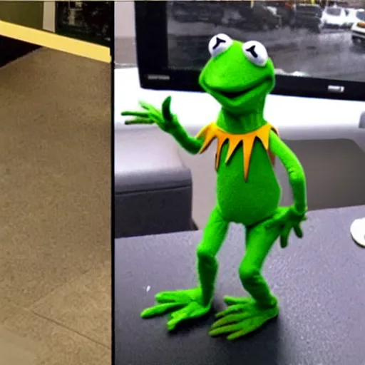 Image similar to kermit the frog wearing a mask and robbing a bank, security camera footage