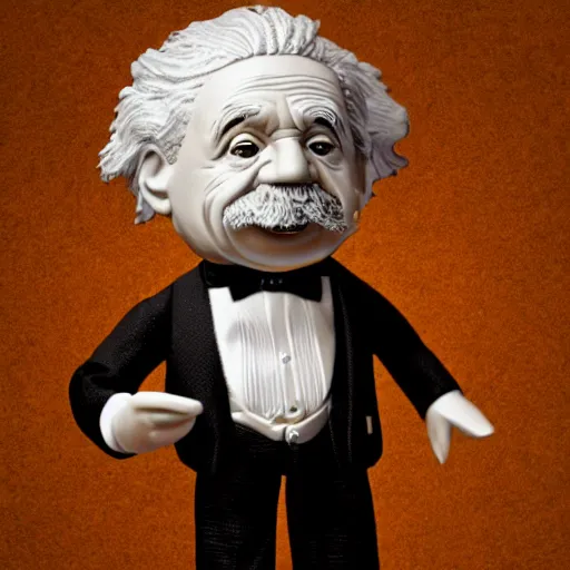 Image similar to ultra realistic and intricate detailed photograph of mini Albert Einstein toy in a tuxedo, innovation, bright modern style, artstation, unreal render, depth of field, ambient lighting, award winning, stunning