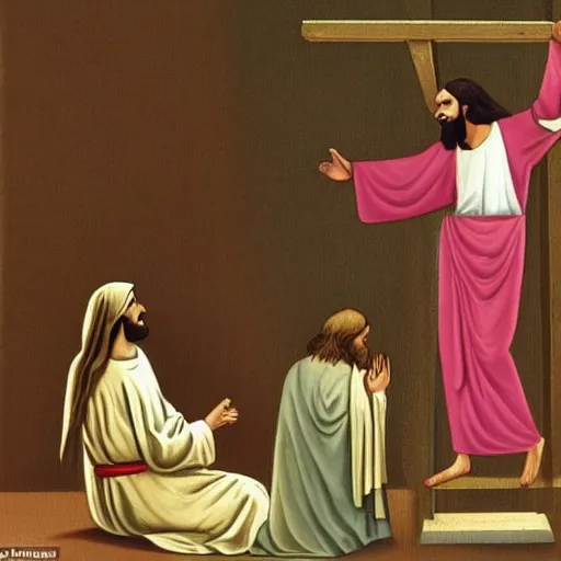Image similar to business Jesus presenting abysmal sales figures in front of angry shareholder’s threatening to crucify him