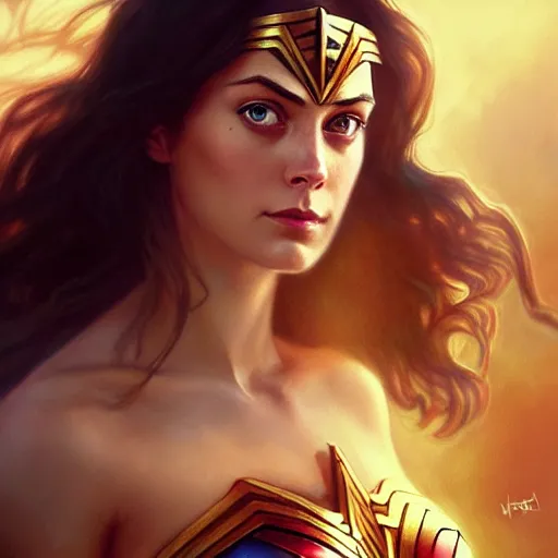 Prompt: Beautiful Kaya Scodelario as Wonder Woman, western, D&D, fantasy, intricate, elegant, highly detailed, digital painting, artstation, concept art, matte, sharp focus, illustration, art by Artgerm and Greg Rutkowski and Alphonse Mucha