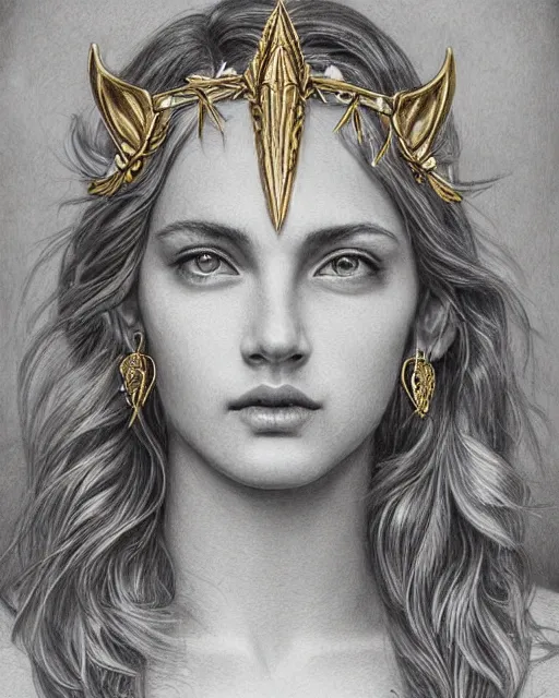 Image similar to beautiful aphrodite greek goddess wearing a golden laurel wreath and arrowhead earrings, hyper - realistic pencil drawing, beautiful piercing eyes with sharp pupils, beautiful blonde hair, in the style of greg rutkowski, fantasy, amazing detail, epic, elegant, smooth, sharp focus