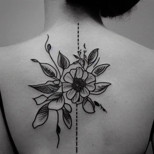 Prompt: photograph of a floral tattoo, line drawing, black ink, minimalist, photo - realistic