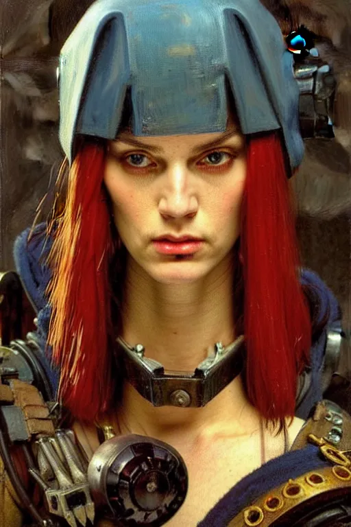 Image similar to full character portrait max mad cyberpunk warhammer 4 0 k, medic sapper not the girl with the pearl earring character design, painting by gaston bussiere, katsuya terada, nc wyeth, greg rutkowski, craig mullins, vermeer, frank frazetta, mucha, tom of finland, trending on artstation, jeffery catherine jones, by norman rockwell