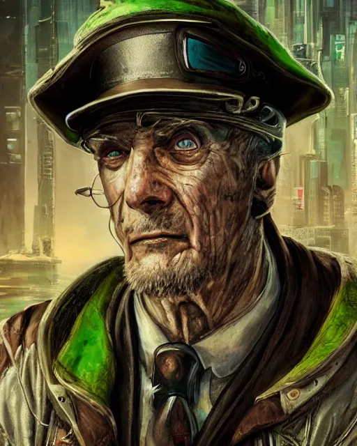 Image similar to an intimate portrait of a gnarly human cyberpunk captain, old skin, faded hat, charming, strong leader, green eyes, a look of cunning, detailed matte fantasy painting