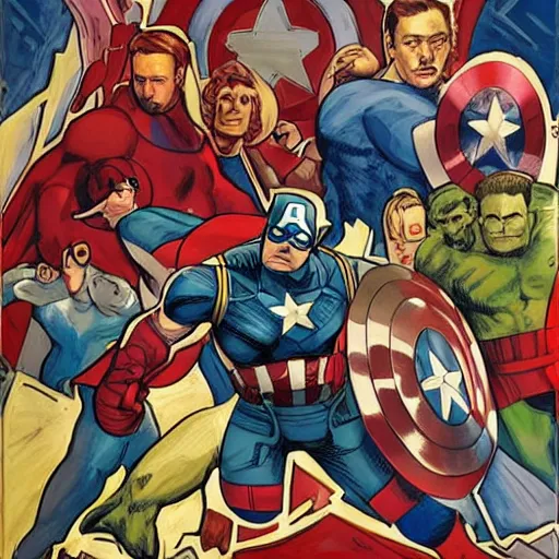 Image similar to representation of avengers and flipping in the style of Stanisław Witkiewicz, Polish painter, theorist and architect, restored