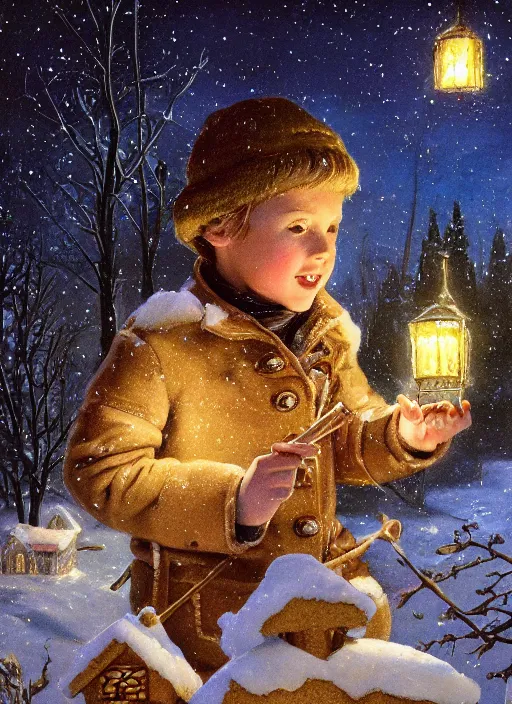 Image similar to close-up portrait of little boy wearing a little backpack finding a gingerbread house in the snow, winter scene fantasy, fireflies, torch light, scary creatures in background, intricate, elegant, highly detailed, centered, smooth, sharp focus, Donato Giancola, Joseph Christian Leyendecker, WLOP, Boris Vallejo, Artgerm