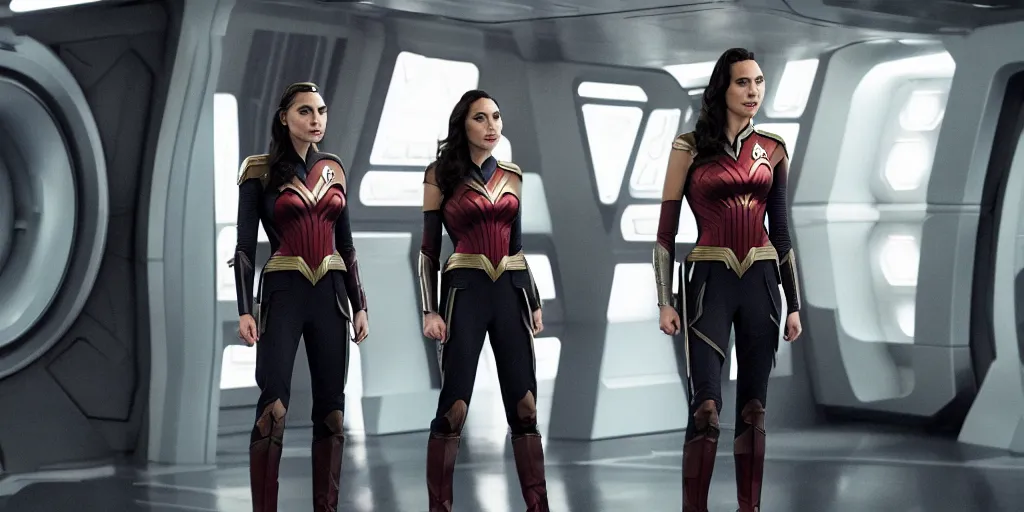 Image similar to Gal Gadot, in full starfleet uniform, is the captain of the starship Enterprise in the new Star Trek movie