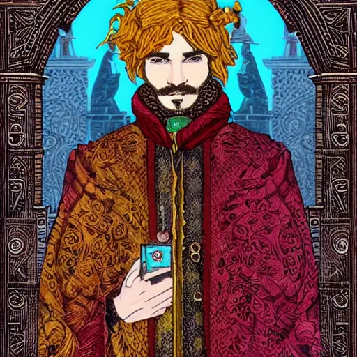 Prompt: man wearing an embroidered cloak and holding scales, tower, archway, gate, geometric, tarot card style, intricate, highly detailed, full color, detailed face, trending on artstation