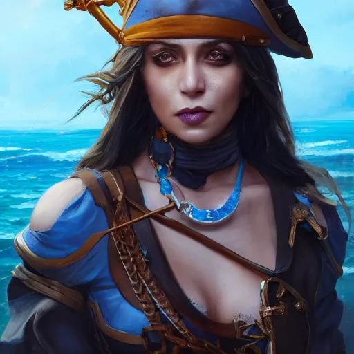 Prompt: Female pirate captain with blue skin, 4k oil on linen by wlop, artgerm, andrei riabovitchev, nuri iyem, james gurney, james jean, greg rutkowski, highly detailed, soft lighting 8k resolution