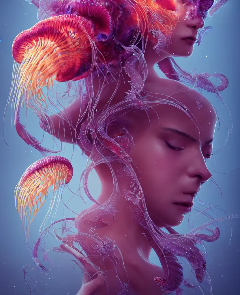 Image similar to beautiful female close-up portrait. orchid jellyfish, deep angler fish, phoenix head, nautilus, skull, betta fish, bioluminiscent creatures, intricate artwork by Tooth Wu and wlop and beeple. octane render, trending on artstation, greg rutkowski, xsullo, very coherent symmetrical artwork. cinematic, hyper realism, high detail, octane render, 8k