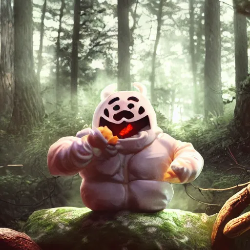Image similar to A marshmallow man wearing Japan demon mask sitting sad in the forest alone surrounded by animals, enchanted forest, hyperrealistic, detailed, depth of field, High definition, 8k, depth of field, octane render, artstation