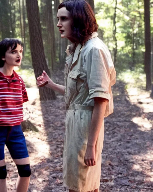 Prompt: winona ryder playing eleven on stranger things, production still, by cameldeath