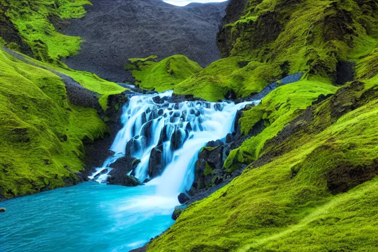 Image similar to far away photo of a landscape with mountains, waterfalls, wallpaper, very very wide shot, blue glacier, iceland, new zeeland, green flush moss, national geographics, professional landscape photography, sunny, day time, beautiful