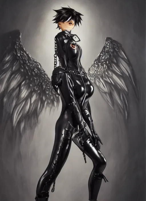 Image similar to full body artwork of tracer overwatch, wearing black latex outfit, in style of zdzisław beksinski, angel wings, dramatic painting, wearing detailed steel collar, black shiny armor, chains, black harness, detailed face and eyes,