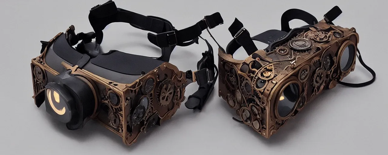 Image similar to advanced complex steampunk VR headset