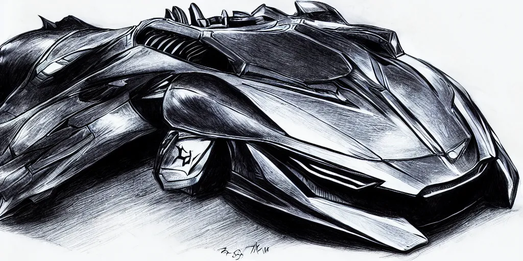 Prompt: ballpoint pen drawing of the batmobile, batman, arkham knight