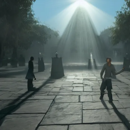 Image similar to long square!!!! standing in heaven, god rays, ray tracing, unreal engine, hyper realistic, fantastic art, highly detailed