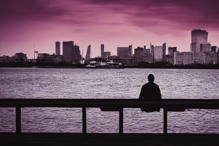 Image similar to A man sitting on a jetty, city in the background, cinematic lighting