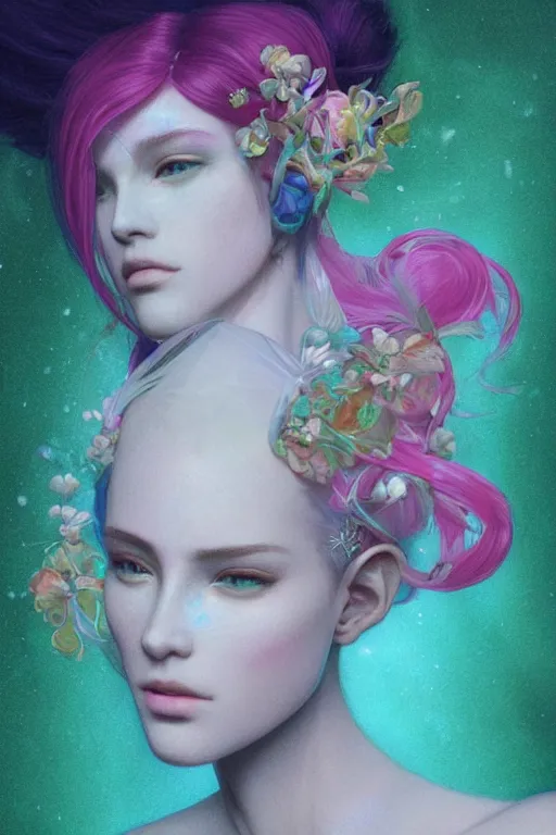 Prompt: flourescent vaporwave portrait of jewel elf oracle physically accurate, moody dynamic lighting, very very intricate, very very elegant, highly detailed, concept art, smooth, very beautiful, sharp focus, illustration, art by Rob Lefield and Dan Mumfordand artgerm and greg rutkowski and alphonse mucha digital painting, artstation, trending on artstation, digital art,surrealism ,macro,blueprint ,vaporwave ,