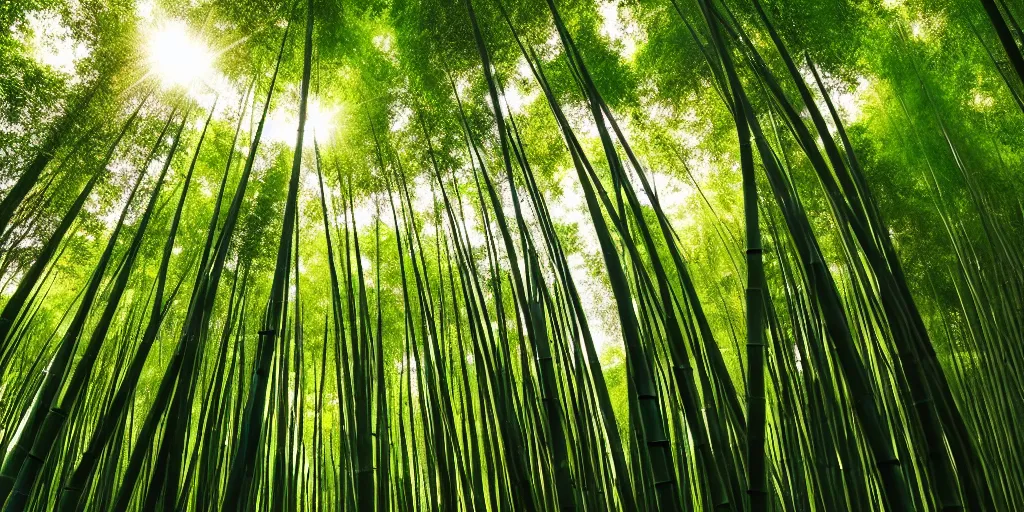 Image similar to ultra wide angle matte painting of the shunan bamboo forest in china, majestic!!! beautiful!!!, ethereal!!! ultra realistic, golden hour, volumetric lighting, sharp focus