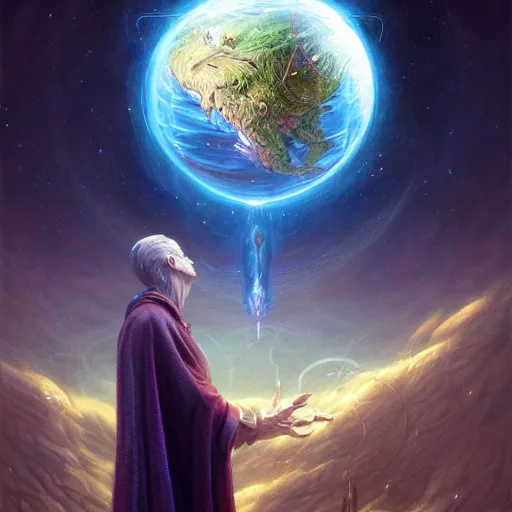 Image similar to the creator of worlds wearing a cloak and holding a holographic planet projection in his hand, detailed, sci - fi, digital painting, artstation, sharp focus, illustration, ominous, artgerm, tomasz alen kopera, peter mohrbacher, donato giancola, joseph christian leyendecker, wlop, frank frazetta