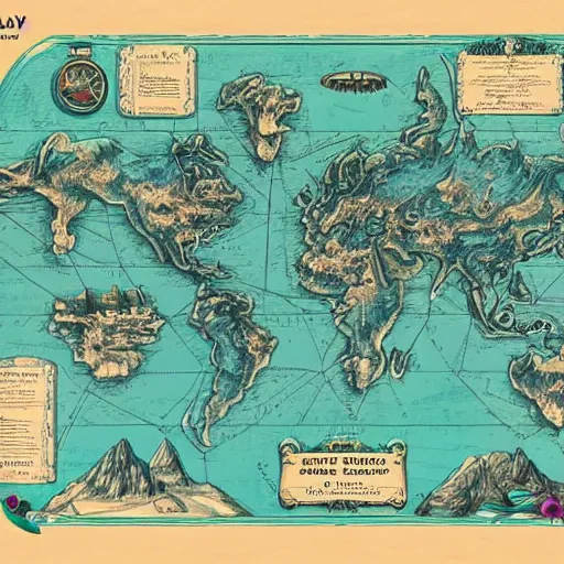 Image similar to imaginary map of a fantacy world, drawing of different elements in the lands, different realms, blueprint, infographic, on paper, natural colors, vintage, with notes, highly detailed, trending on artstation, beautiful