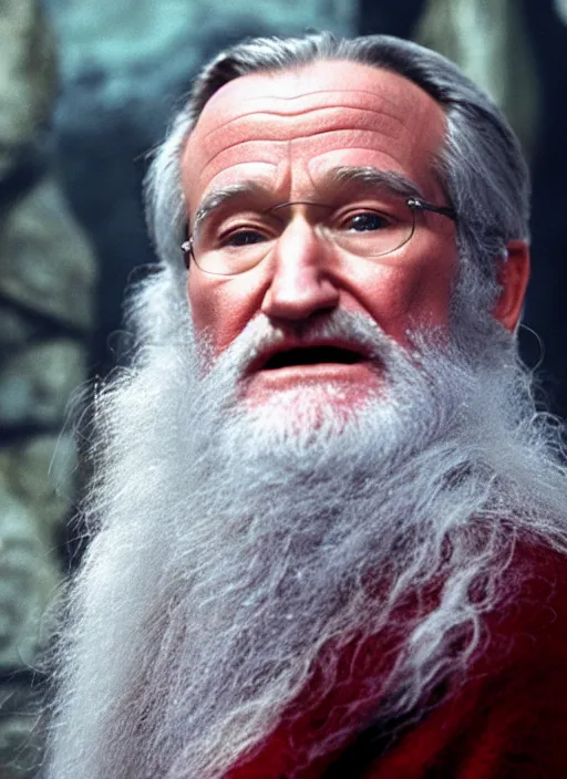 Image similar to film still of Robin Williams as Albus Dumbledore in Harry Potter and the Chambre of Secrets, 4k