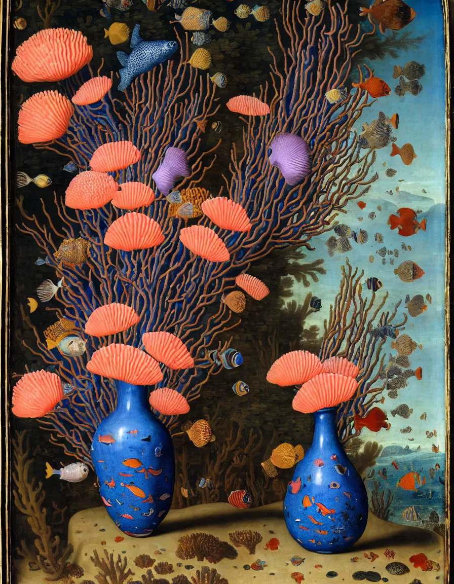 Image similar to bottle vase of coral under the sea decorated with a dense field of stylized scrolls that have opaque outlines enclosing mottled blue washes, with purple shells and blue fishes, ambrosius bosschaert the elder, oil on canvas, around the edges there are no objects