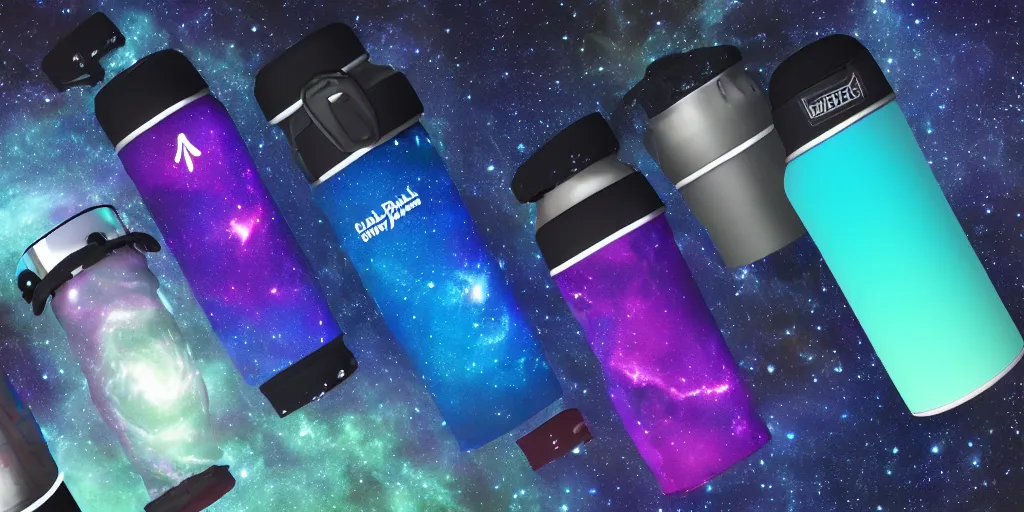 Image similar to hydro Flask, space, galaxy, glow, neon, closeup,