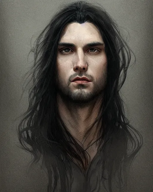 Image similar to portrait of tall, 3 3 - year - old handsome man with long black hair, grey eyes, wearing black clothes, hyper realistic face, beautiful eyes, close up, fantasy art, in the style of greg rutkowski, intricate, alphonse mucha, hyper detailed, smooth