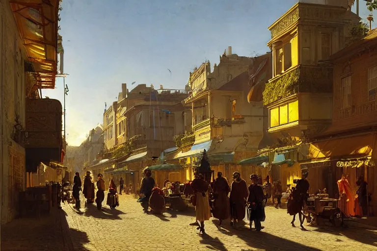 Image similar to street at dawn in a very beautiful Western town in summer by Ludwig Deutsch and Rudolf Ernst, colorful architecture, strong dramatic cinematic lighting, lost civilizations, smooth, sharp focus, extremely detailed