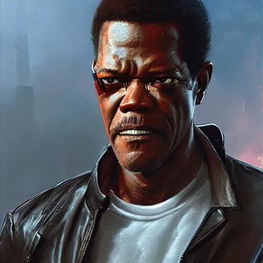 Image similar to closeup portrait of a young samuel jackson as the terminator, city background, dramatic light, gorgeous view, depth, high detail, digital art, painted by greg rutkowski, trending on artstation