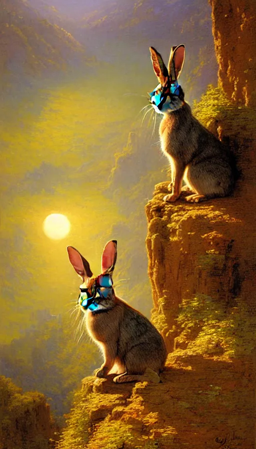 Image similar to hyper realistic rabbit looking off of a cliff, sun setting behind rabbit, lush forest in valley below, painted by james gurney, gaston bussiere, craig mullins, j. c. leyendecker 8 k