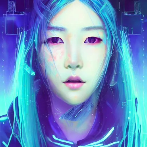 Image similar to a photo portrait of kim sung hee in the rain with blue hair, cute - fine - face, pretty face, cyberpunk art by sim sa - jeong, cgsociety, synchromism, detailed painting, glowing neon, digital illustration, perfect face, extremely fine details, realistic shaded lighting, dynamic colorful background